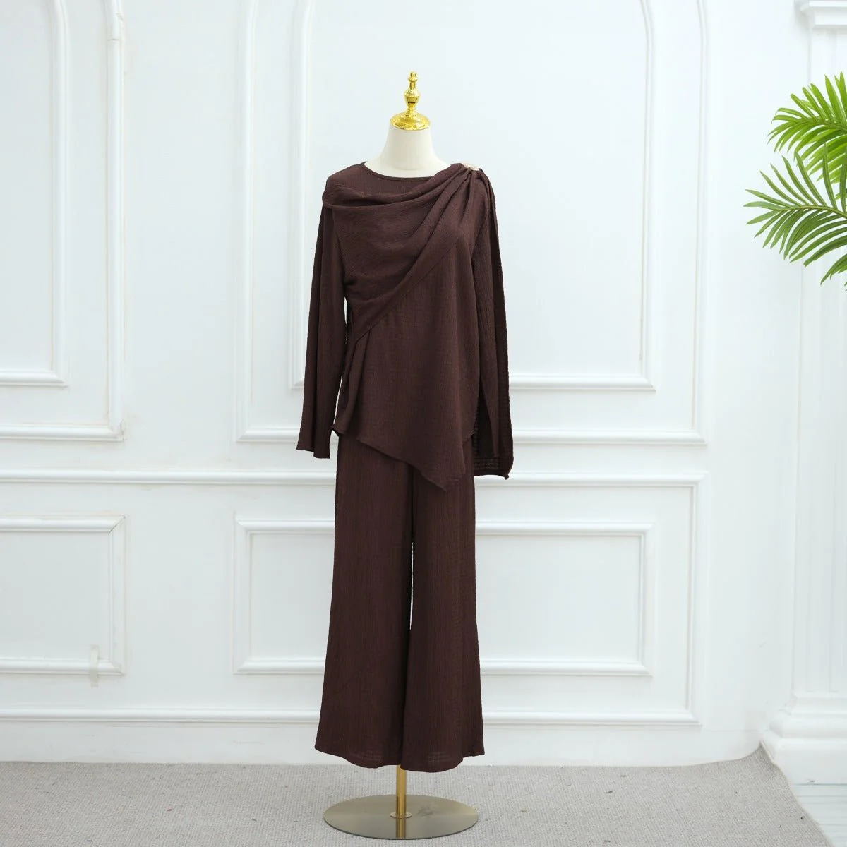 Minimalist Luxury Modest Lounge Two-Piece Set | Asymmetrical Cardigan & Wide-Leg Pants (MS093) - Image 6
