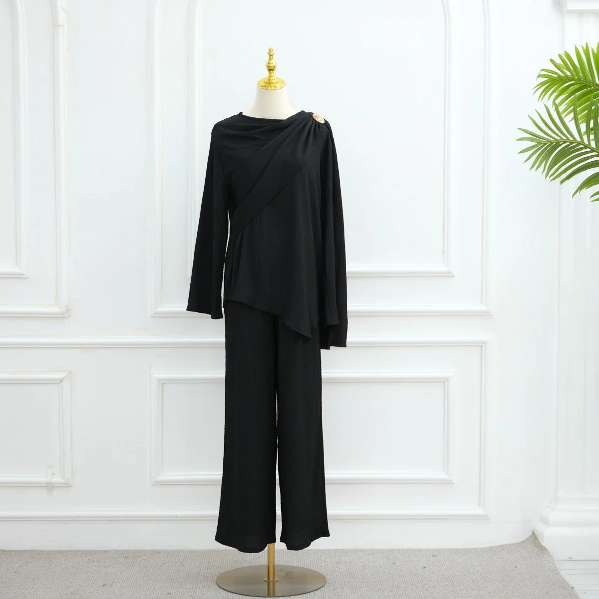 Minimalist Luxury Modest Lounge Two-Piece Set | Asymmetrical Cardigan & Wide-Leg Pants (MS093) - Image 7
