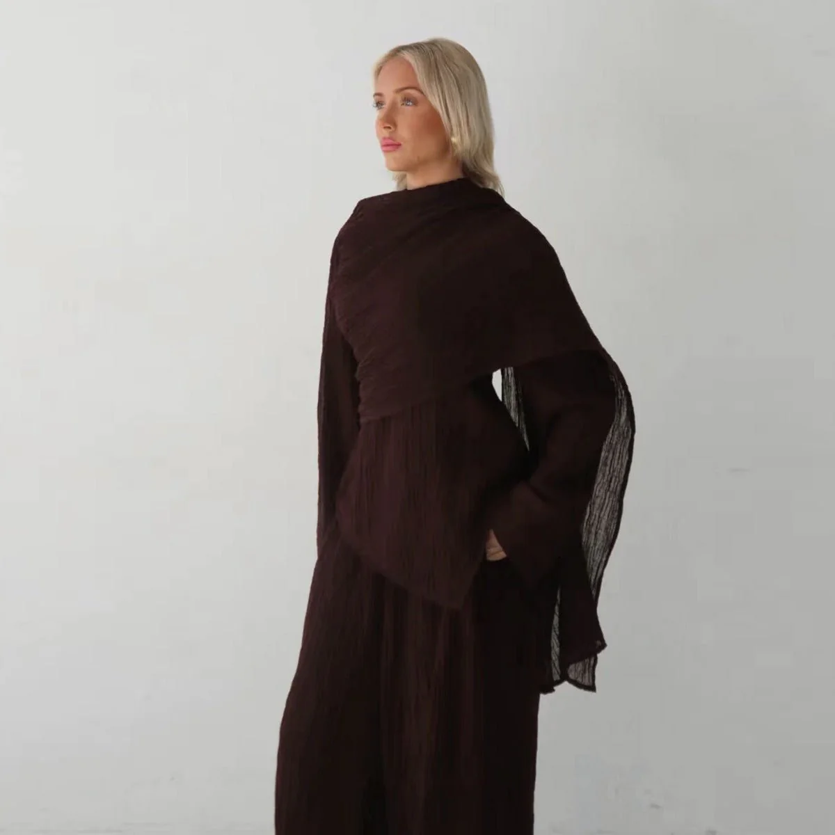 Minimalist Luxury Modest Lounge Two-Piece Set | Asymmetrical Cardigan & Wide-Leg Pants (MS093) - Image 9