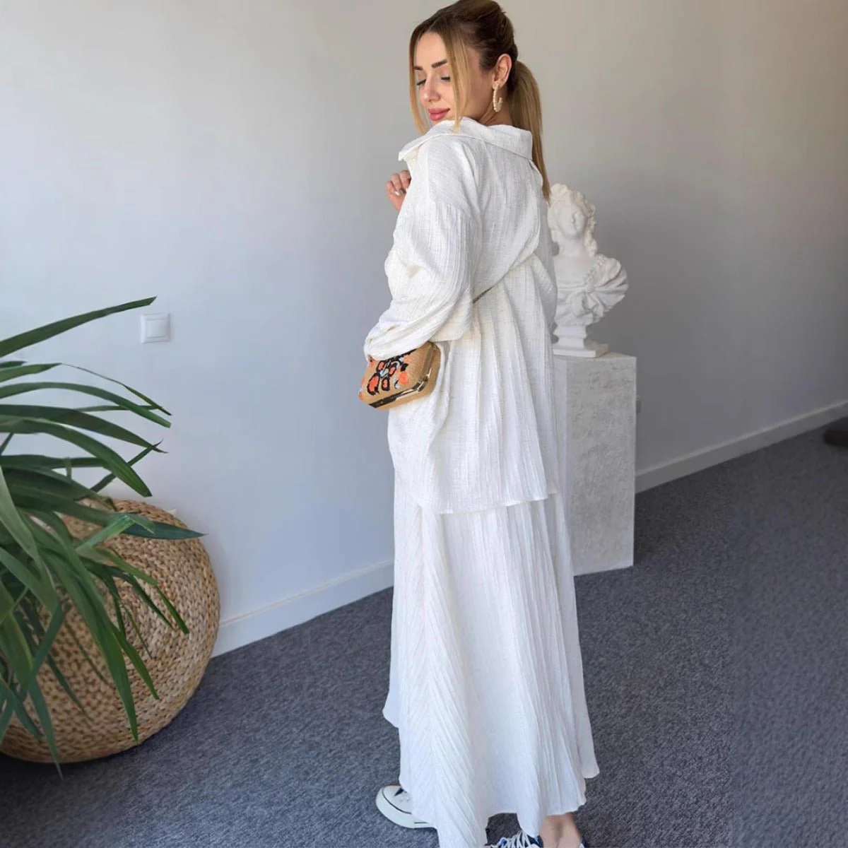 Minimalist White Casual Elegance Wrinkle-Texture Two-Piece Set  (MS091) - Image 2