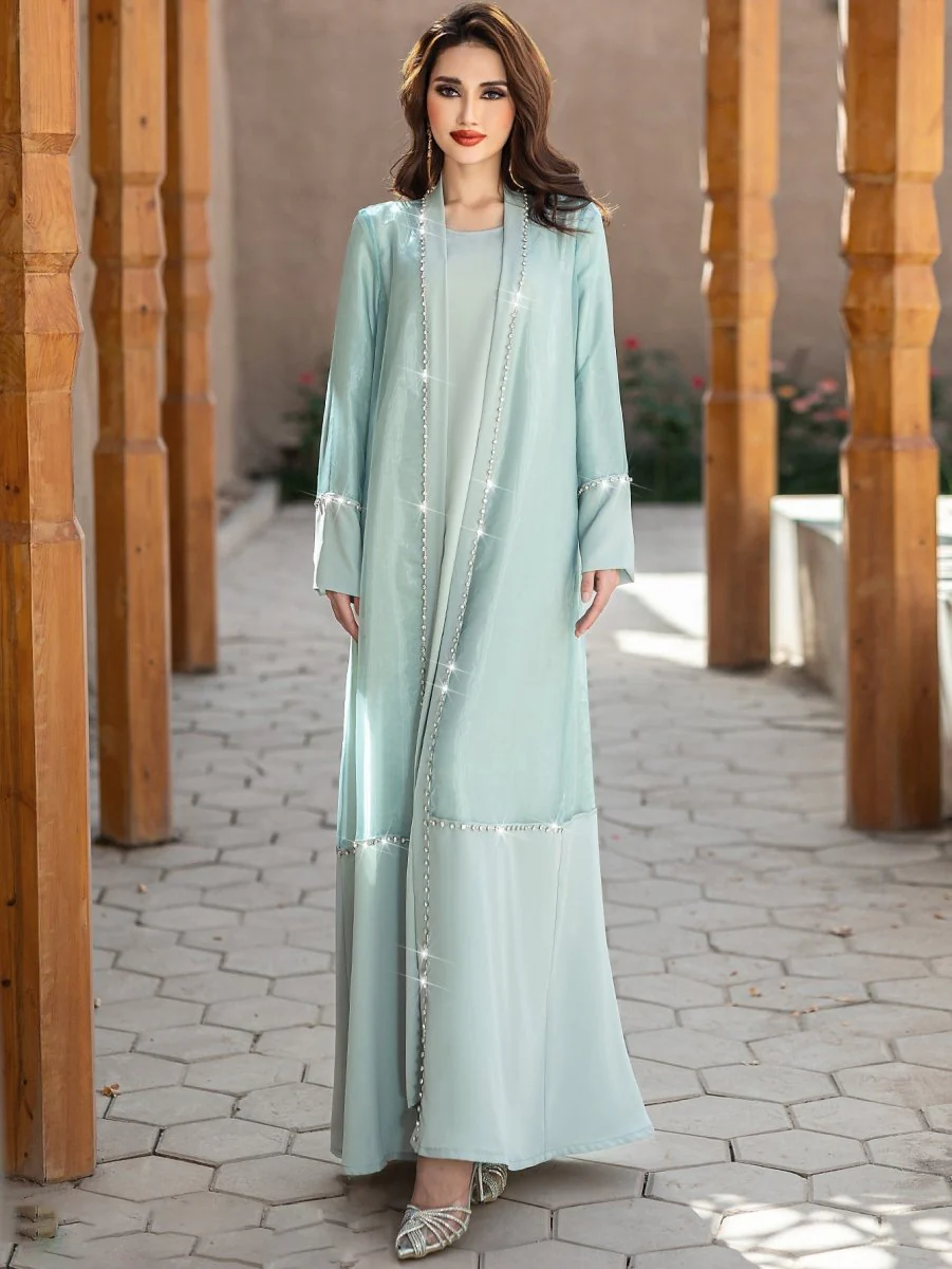 Mint Green Two-Piece Cardigan Dress Diamond-Embellished Cover-Up & Maxi Dress (MOA151) - Image 10