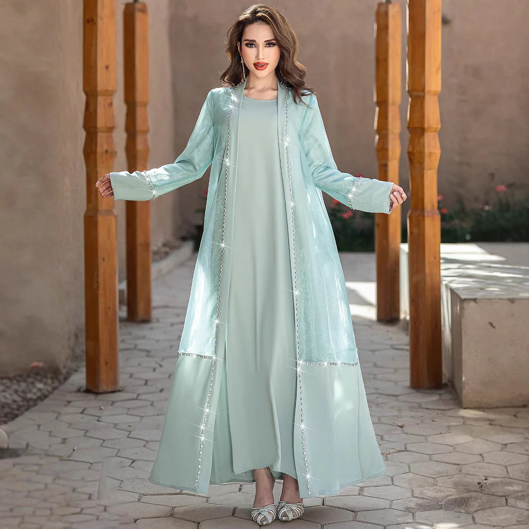 Mint Green Two-Piece Cardigan Dress Diamond-Embellished Cover-Up & Maxi Dress (MOA151) - Image 2
