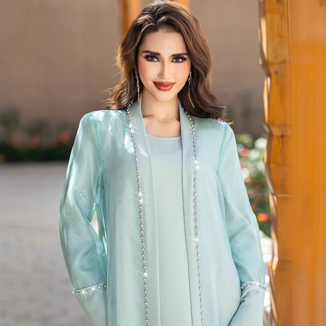 Mint Green Two-Piece Cardigan Dress Diamond-Embellished Cover-Up & Maxi Dress (MOA151) - Image 3