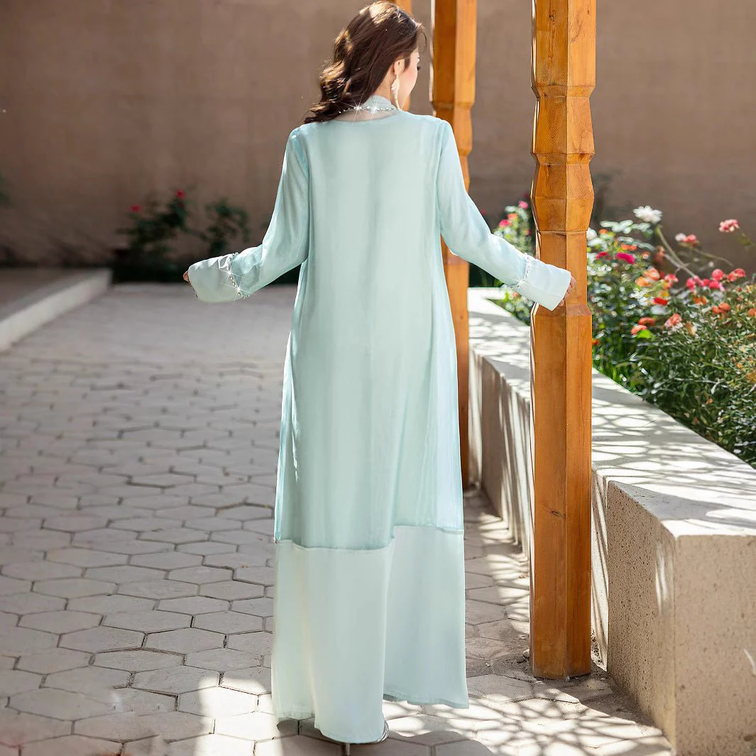 Mint Green Two-Piece Cardigan Dress Diamond-Embellished Cover-Up & Maxi Dress (MOA151) - Image 4