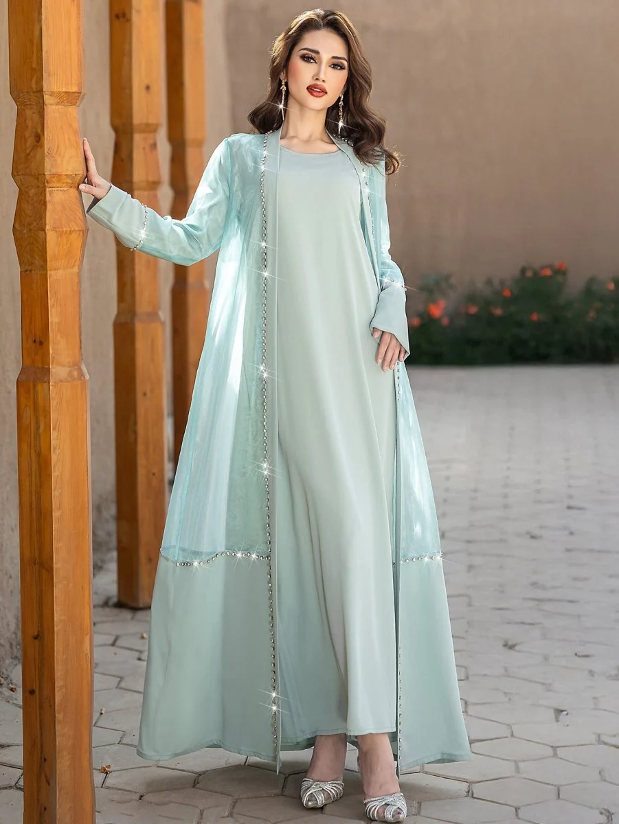 Mint Green Two-Piece Cardigan Dress Diamond-Embellished Cover-Up & Maxi Dress (MOA151) - Image 5