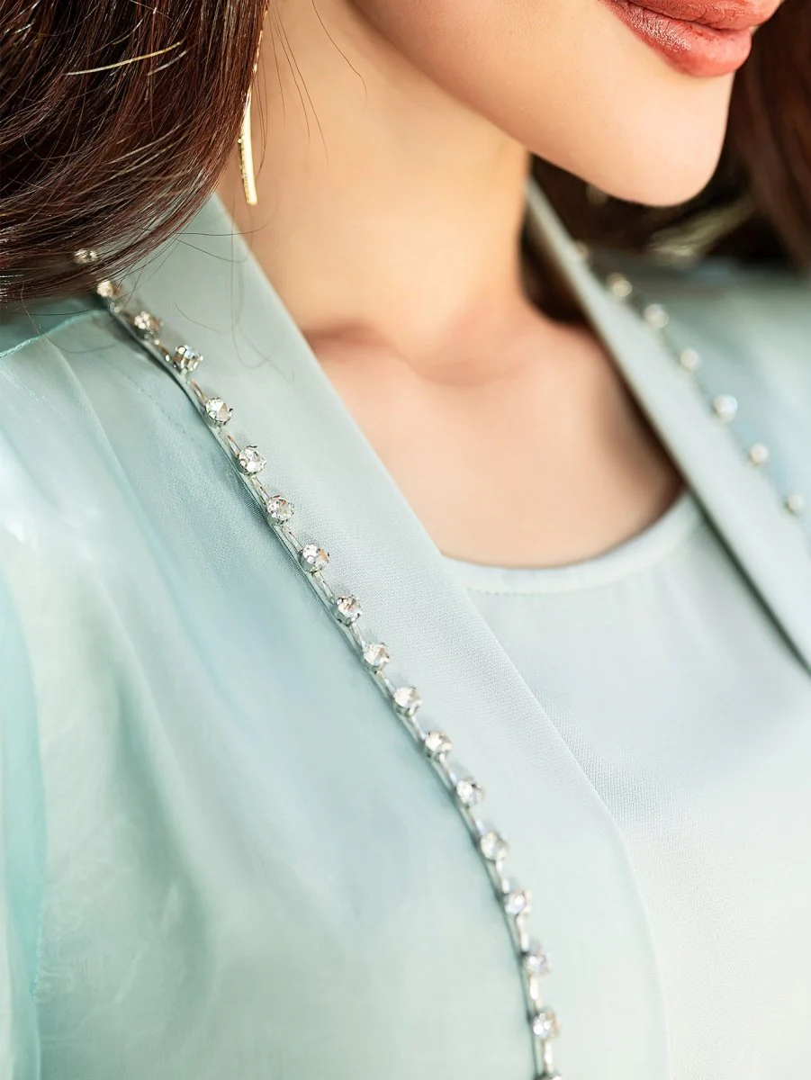 Mint Green Two-Piece Cardigan Dress Diamond-Embellished Cover-Up & Maxi Dress (MOA151) - Image 6