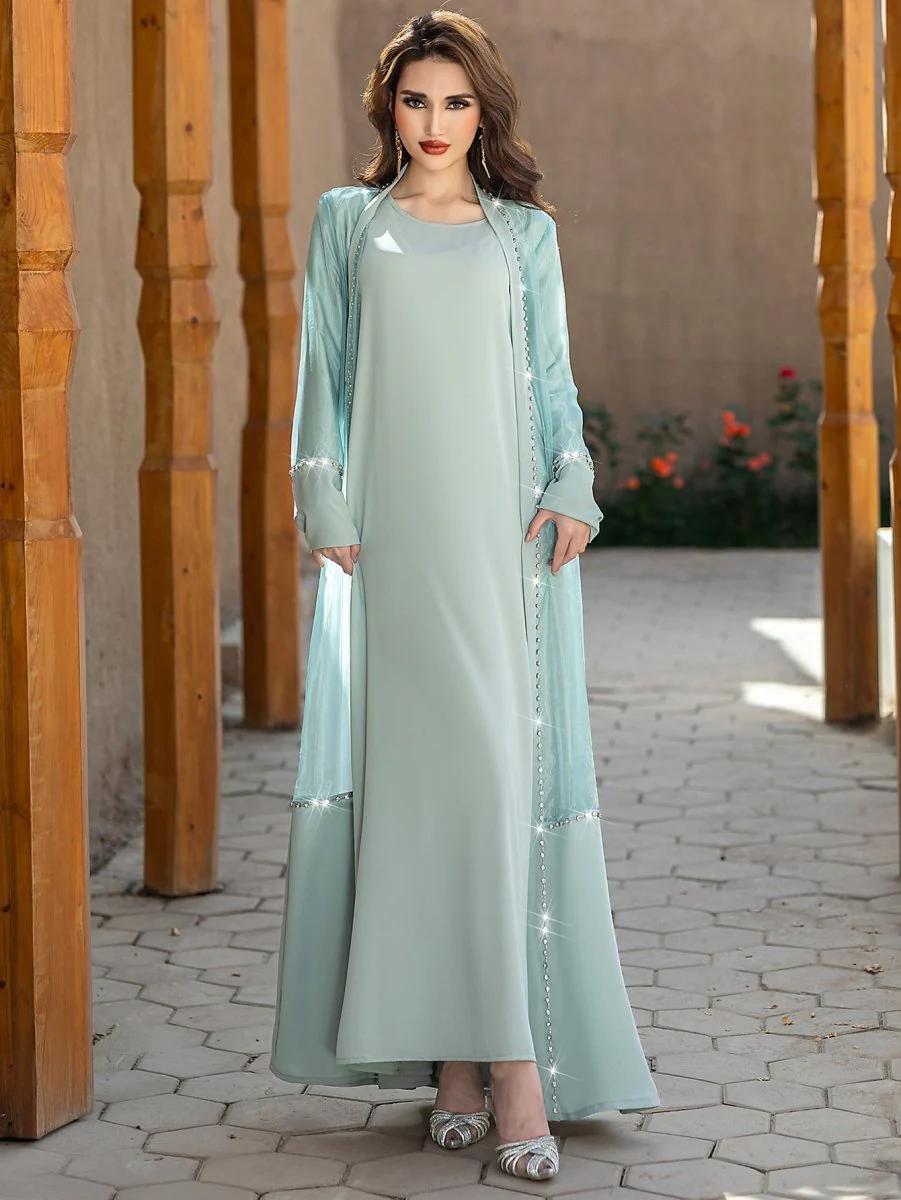 Mint Green Two-Piece Cardigan Dress Diamond-Embellished Cover-Up & Maxi Dress (MOA151) - Image 9