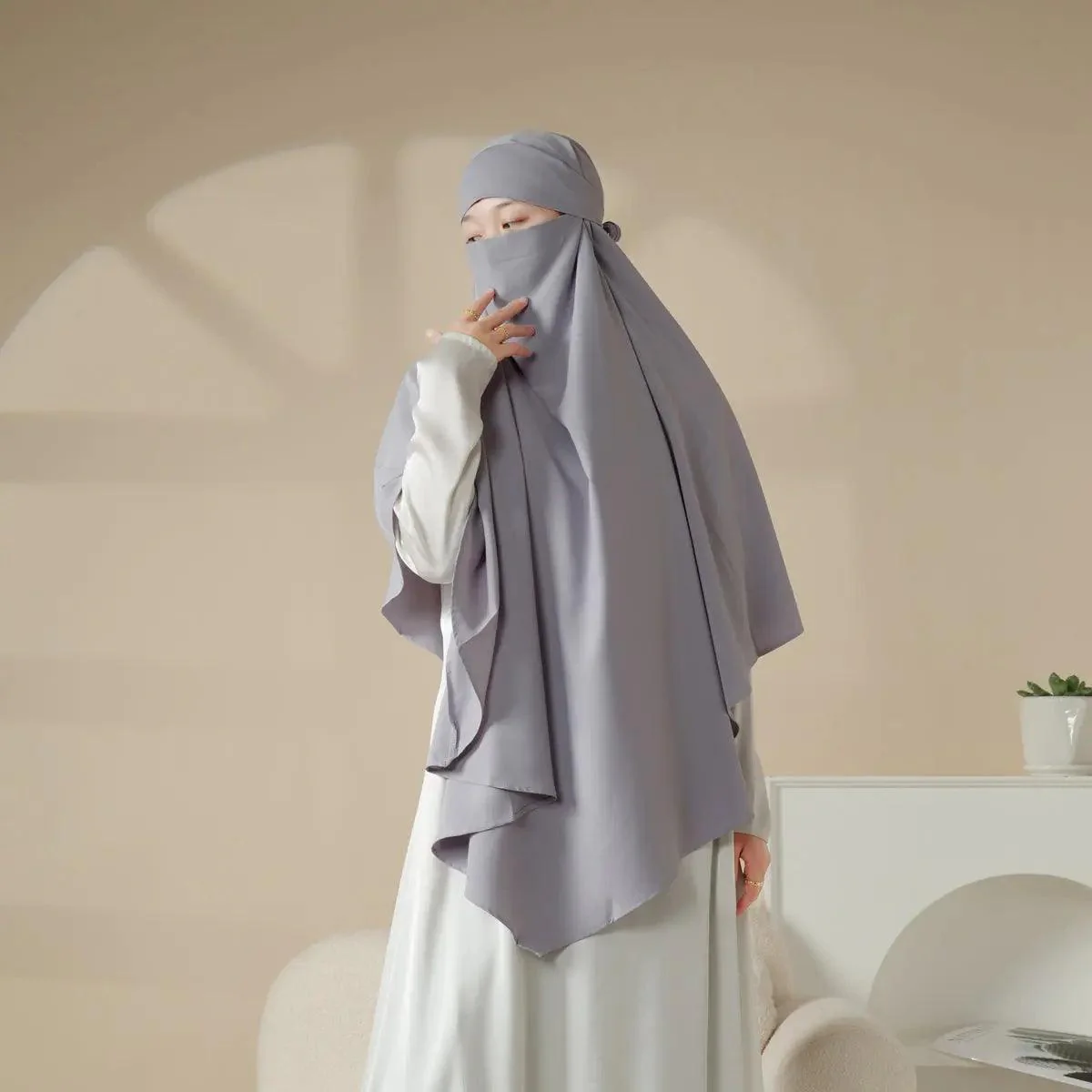 MK001 Niqab Attached 1-Layer Nida Plain Khimar - Image 12