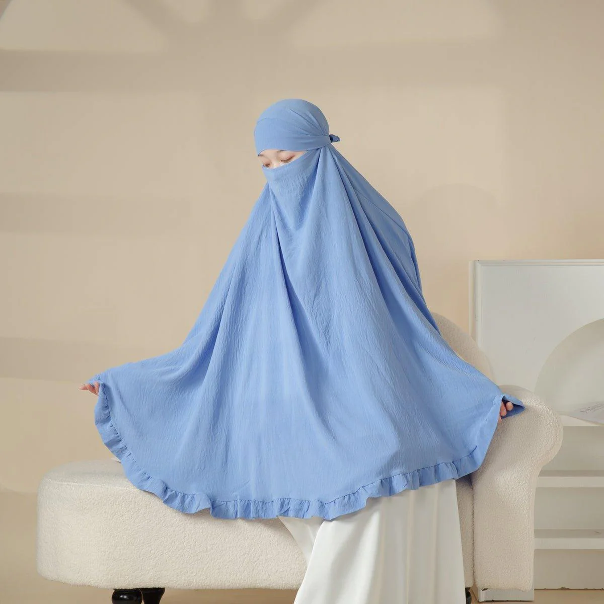 MK019 Ruffled Solid Elastic Long Shawl Khimar - Image 11