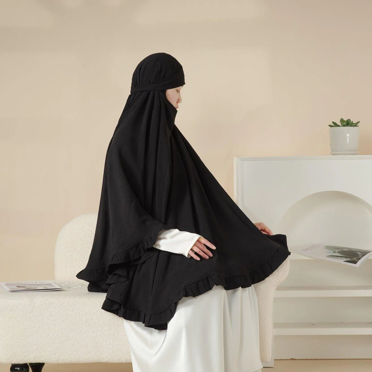 MK019 Ruffled Solid Elastic Long Shawl Khimar - Image 12