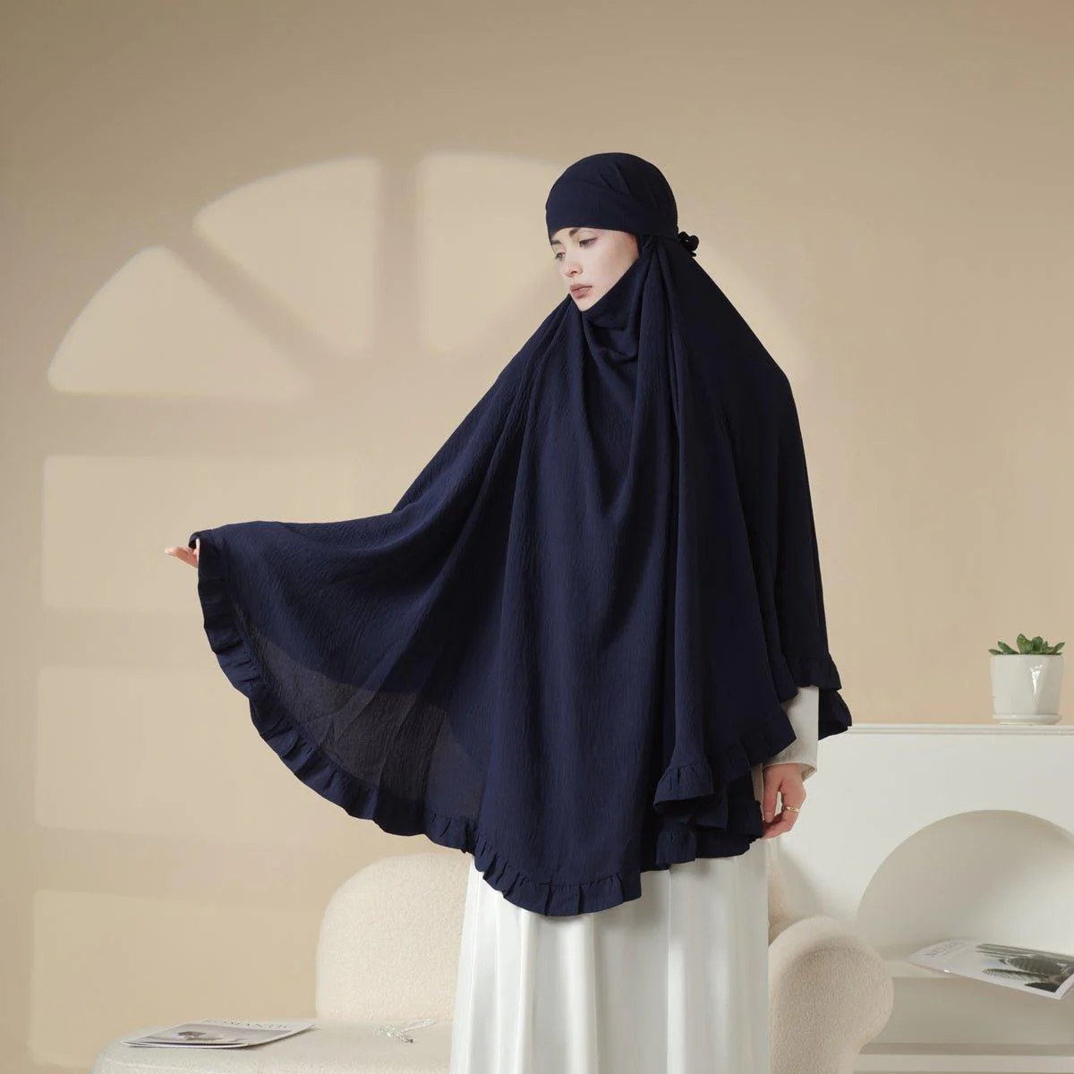 MK019 Ruffled Solid Elastic Long Shawl Khimar - Image 13
