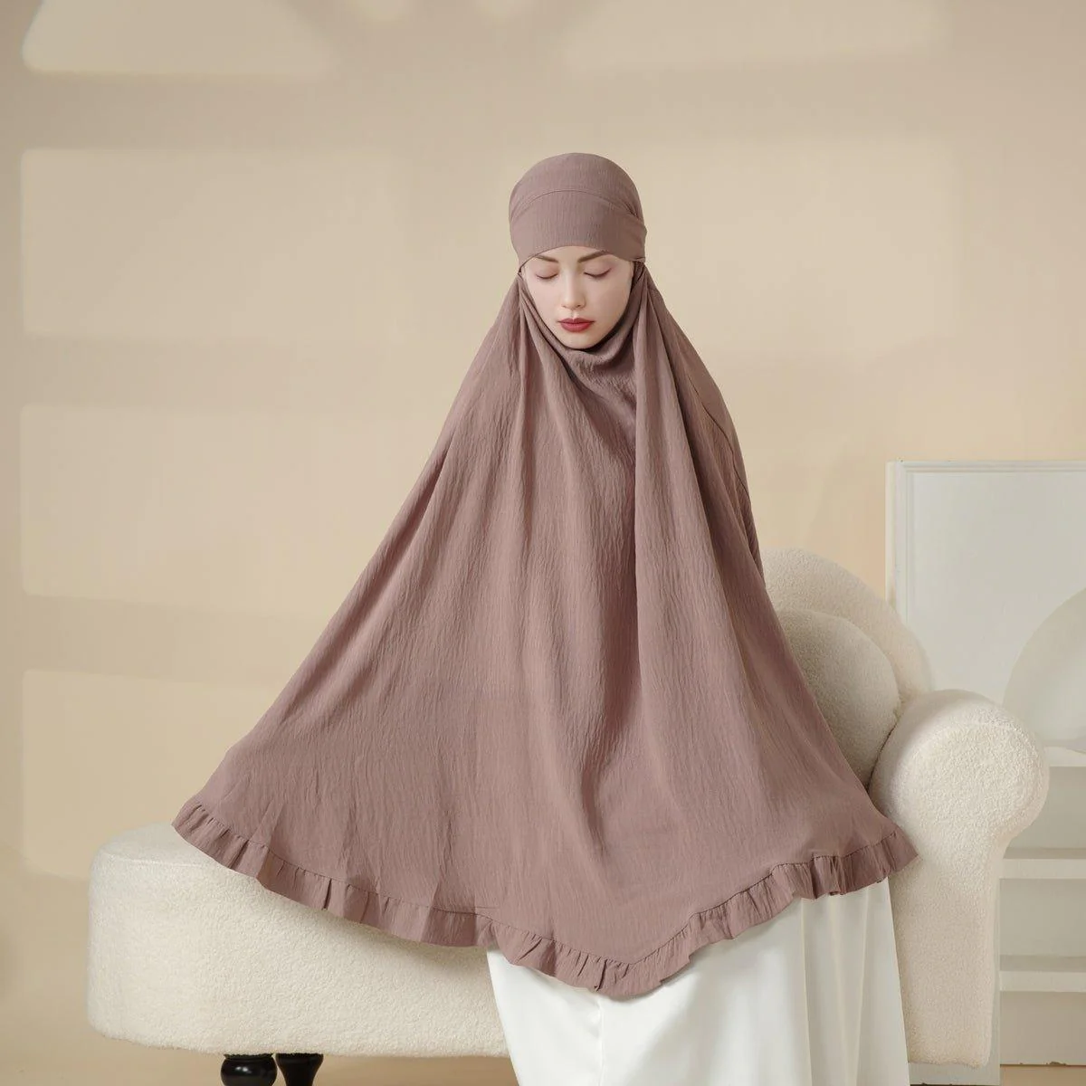 MK019 Ruffled Solid Elastic Long Shawl Khimar - Image 3