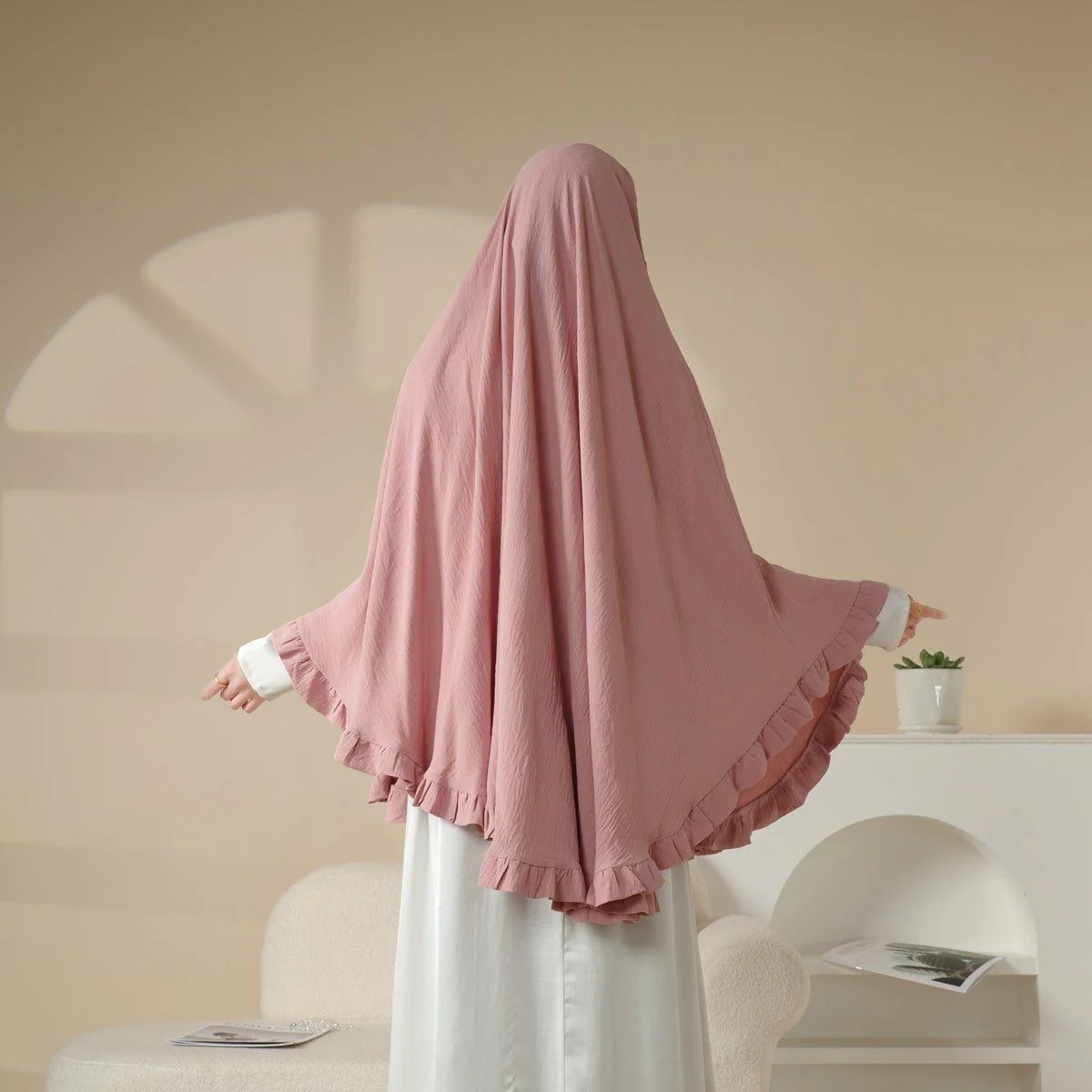 MK019 Ruffled Solid Elastic Long Shawl Khimar - Image 5
