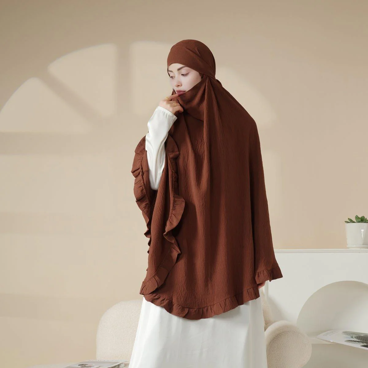 MK019 Ruffled Solid Elastic Long Shawl Khimar - Image 6