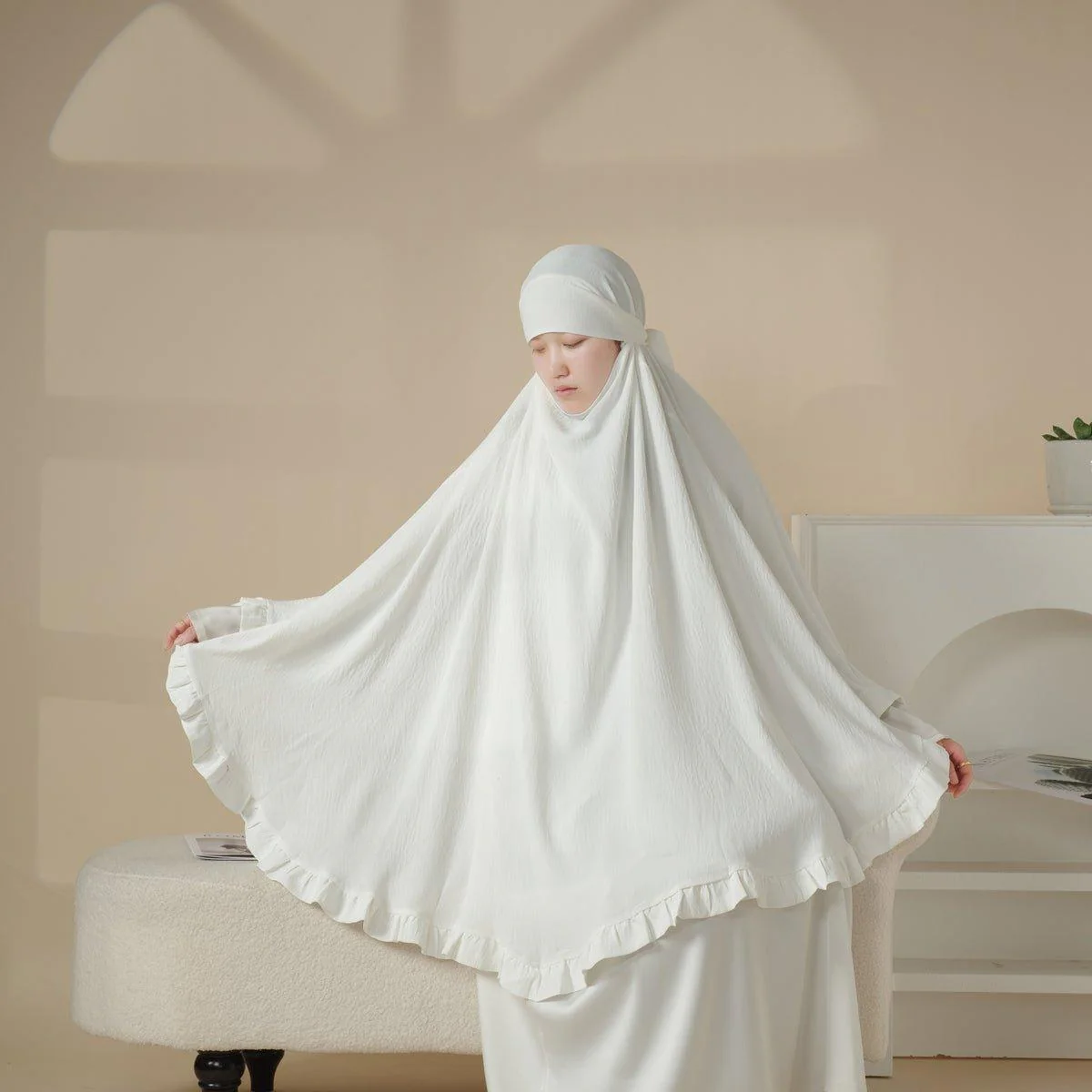 MK019 Ruffled Solid Elastic Long Shawl Khimar - Image 8