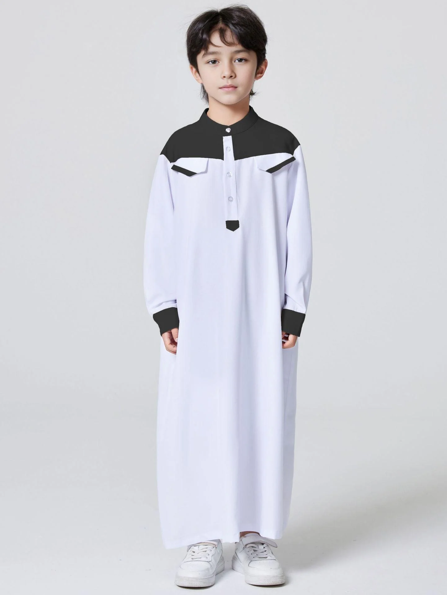 MKB001 MKB Boys' Patchwork Stand-up Collar Button Thobe - Image 3