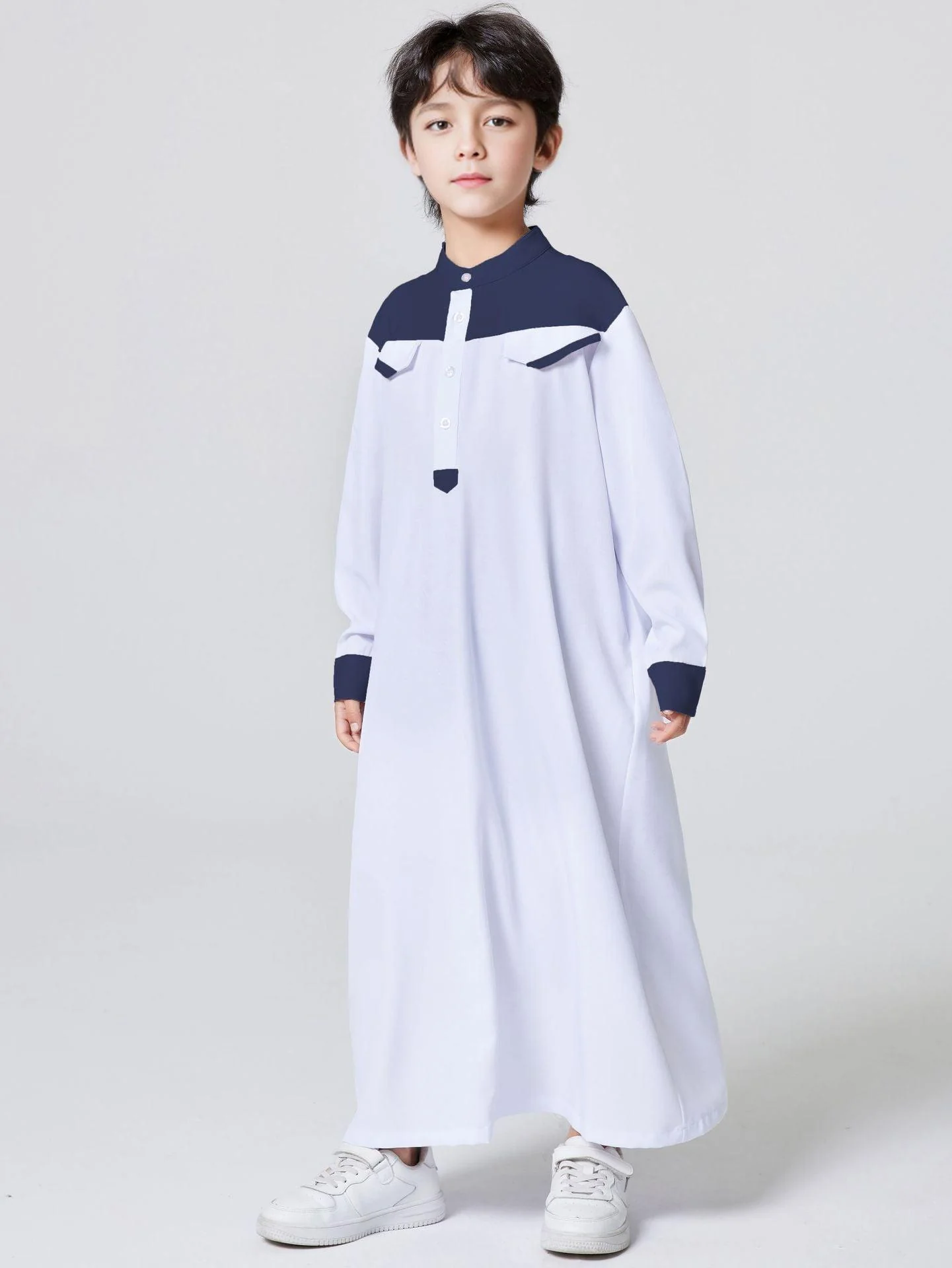 MKB001 MKB Boys' Patchwork Stand-up Collar Button Thobe - Image 4