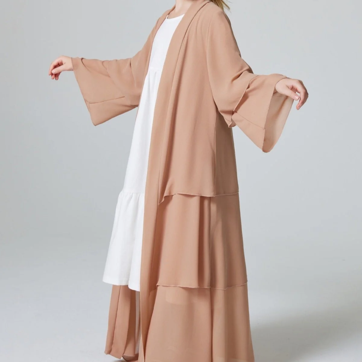 Girls Plain 3-Layered Chiffon Open Abaya Kid Abaya(MKG009) - Image 19