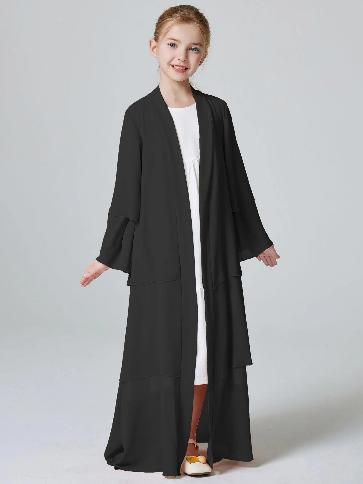 Girls Plain 3-Layered Chiffon Open Abaya Kid Abaya(MKG009) - Image 22