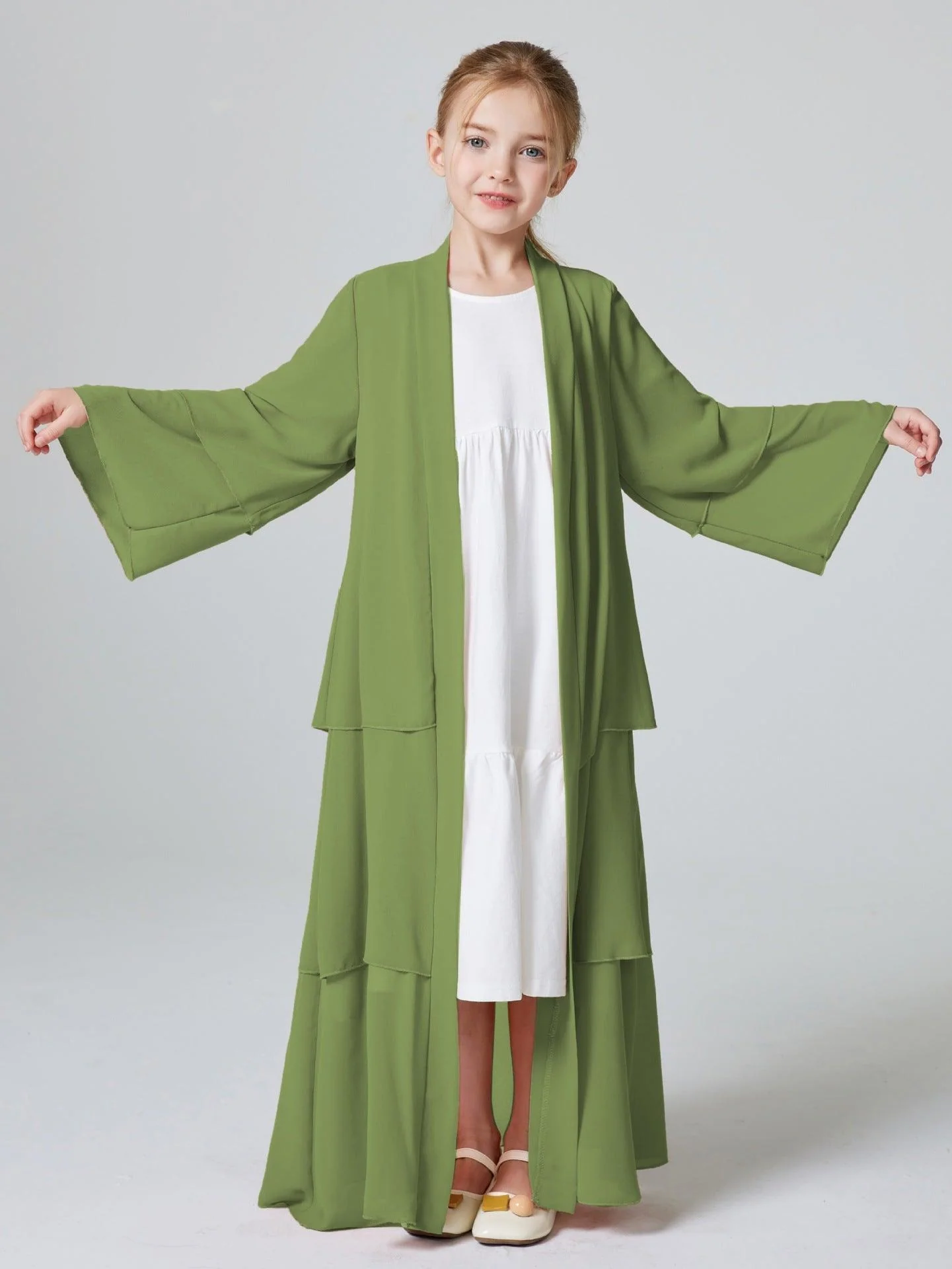 Girls Plain 3-Layered Chiffon Open Abaya Kid Abaya(MKG009) - Image 23