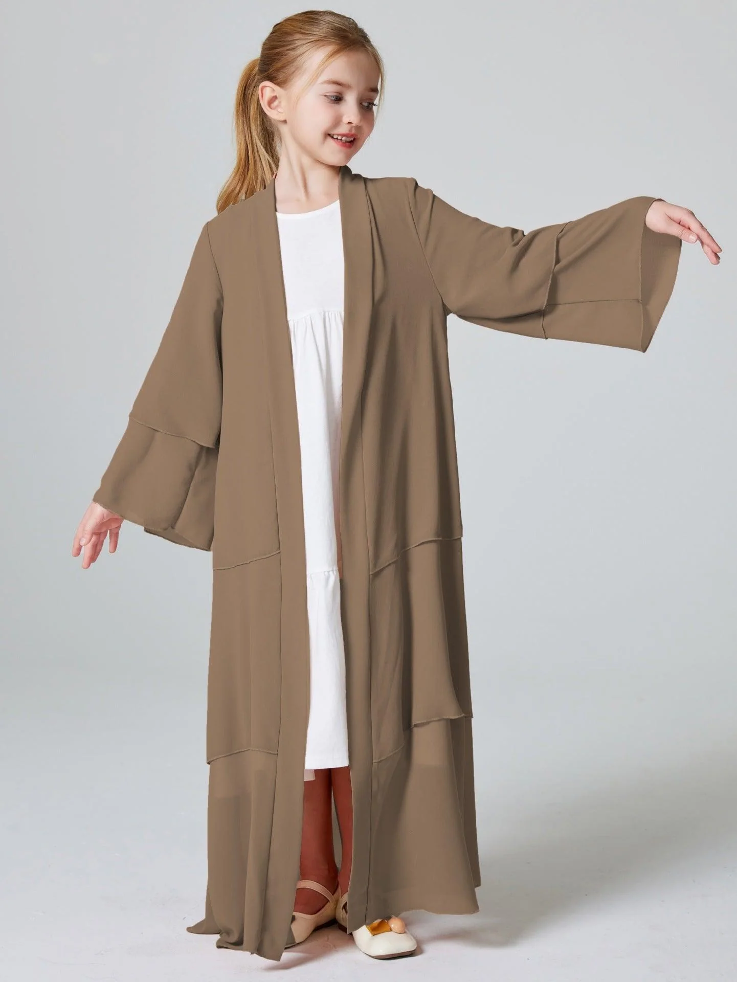 Girls Plain 3-Layered Chiffon Open Abaya Kid Abaya(MKG009) - Image 24