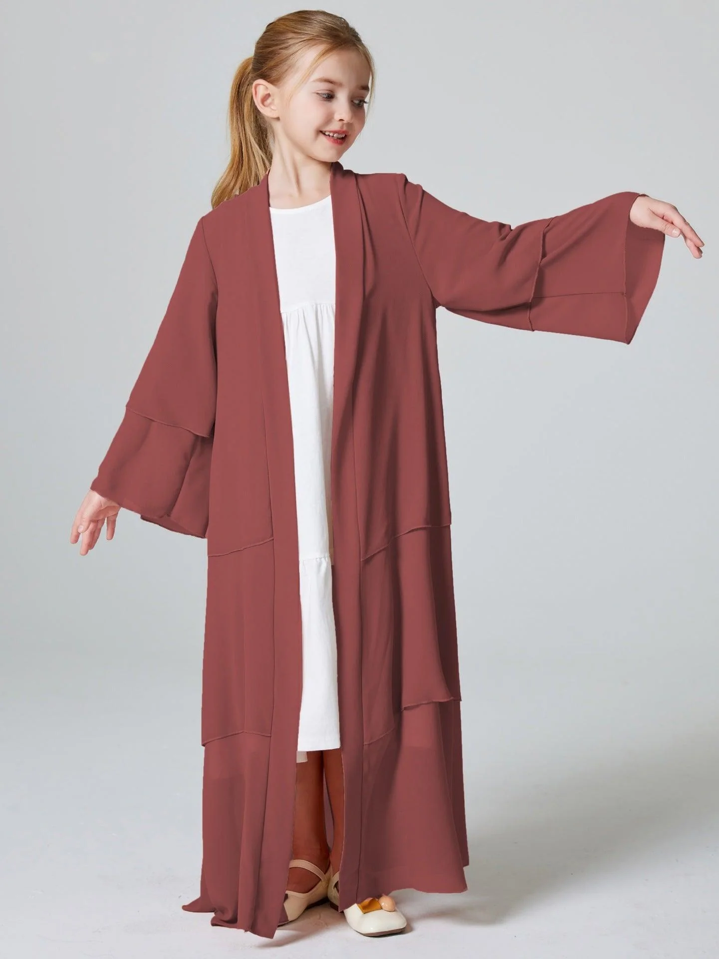 Girls Plain 3-Layered Chiffon Open Abaya Kid Abaya(MKG009) - Image 25