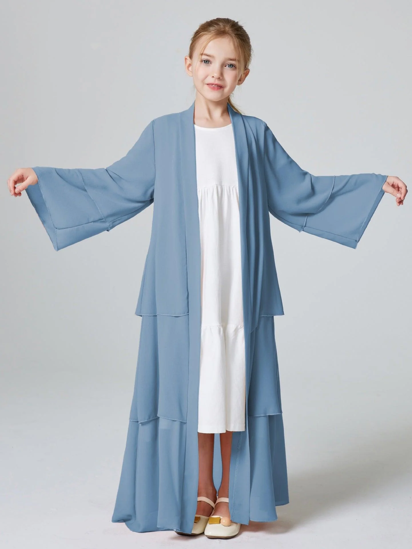 Girls Plain 3-Layered Chiffon Open Abaya Kid Abaya(MKG009) - Image 26