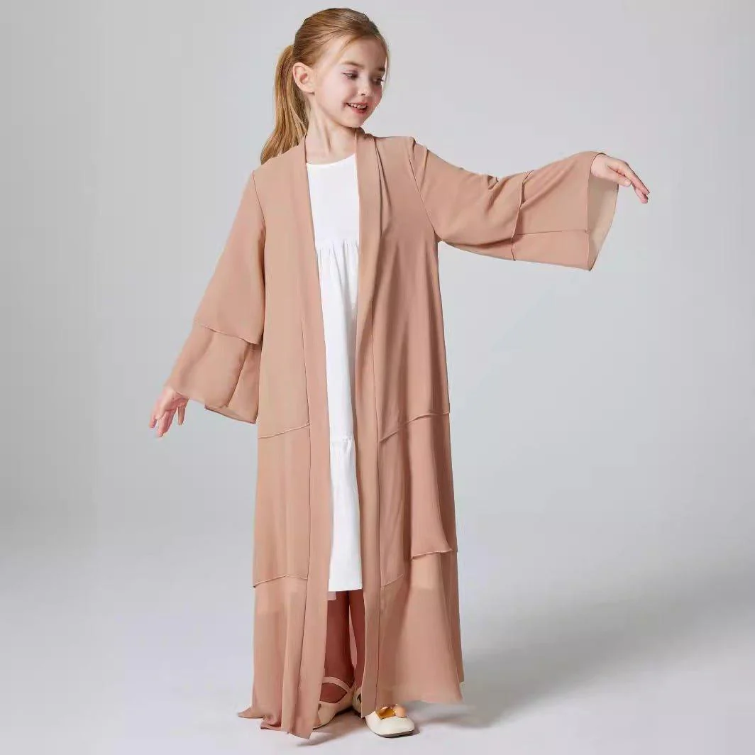 Girls Plain 3-Layered Chiffon Open Abaya Kid Abaya(MKG009) - Image 9