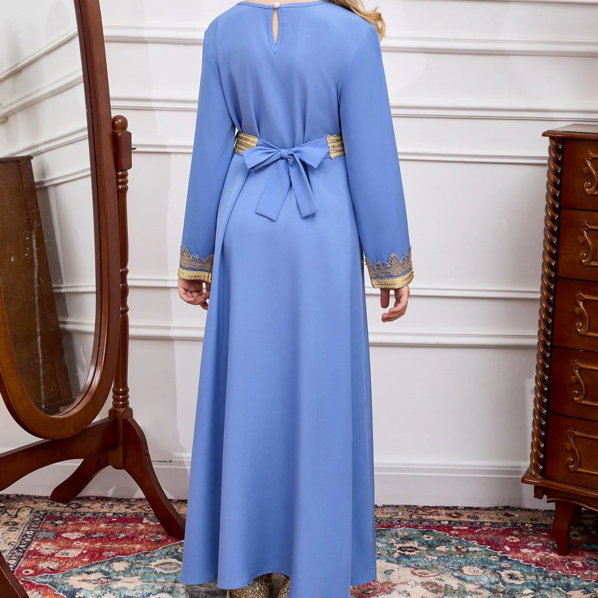 Girls V-Neck Patchwork Lace Kid Abaya(MKG010) - Image 3