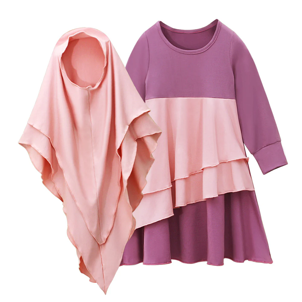 Matching Color Ruffle Abaya 2-Piece Set Kid Abaya(MKG011) - Image 4