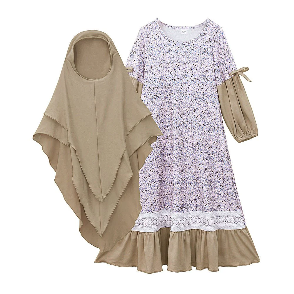 Girls Patchwork Floral Kid Abaya 2-Piece Set(MKG012) - Image 15