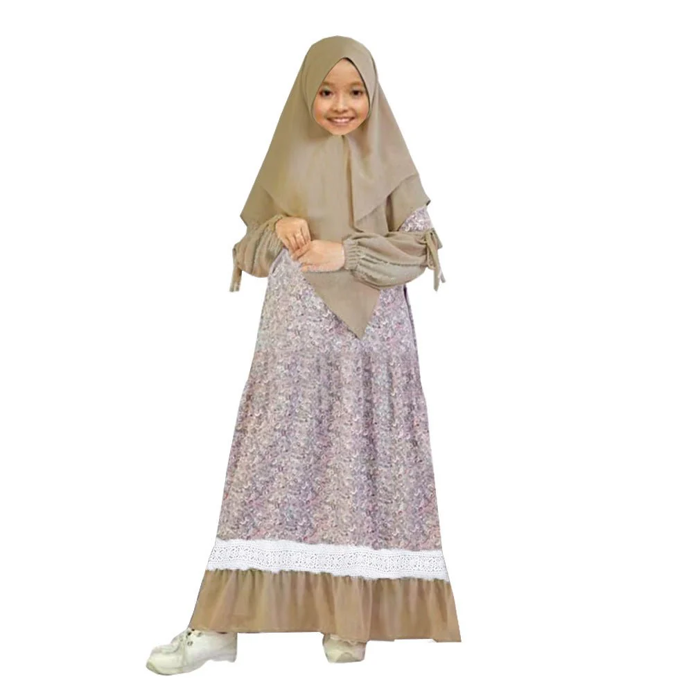 Girls Patchwork Floral Kid Abaya 2-Piece Set(MKG012) - Image 3