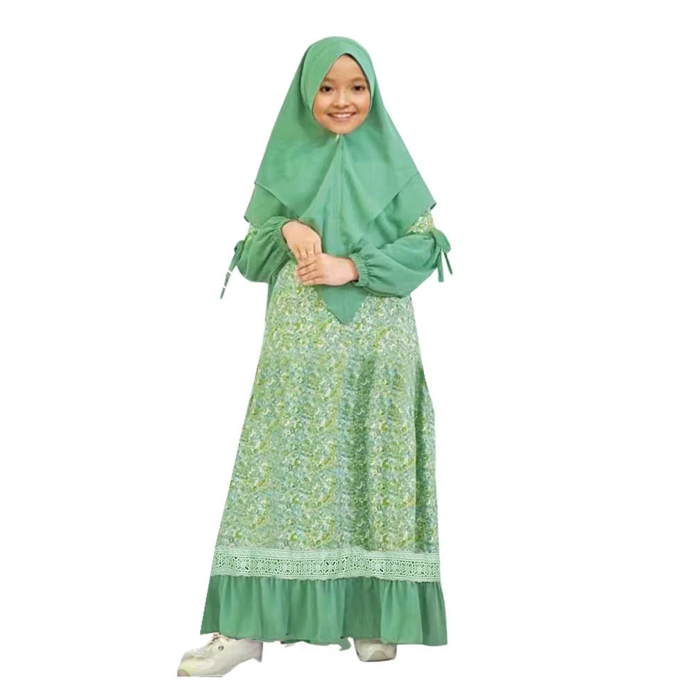 Girls Patchwork Floral Kid Abaya 2-Piece Set(MKG012) - Image 4