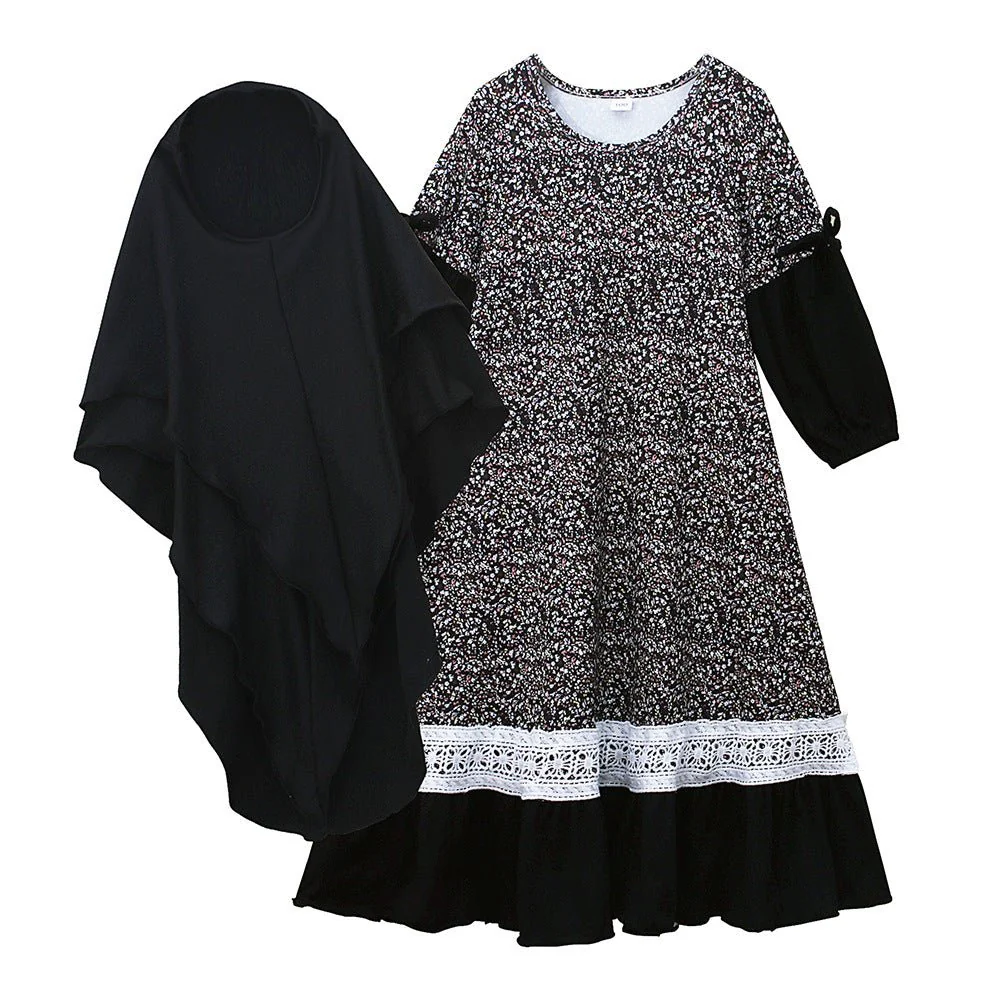 Girls Patchwork Floral Kid Abaya 2-Piece Set(MKG012) - Image 5