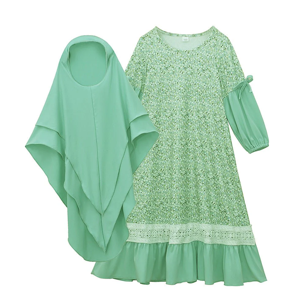 Girls Patchwork Floral Kid Abaya 2-Piece Set(MKG012) - Image 6
