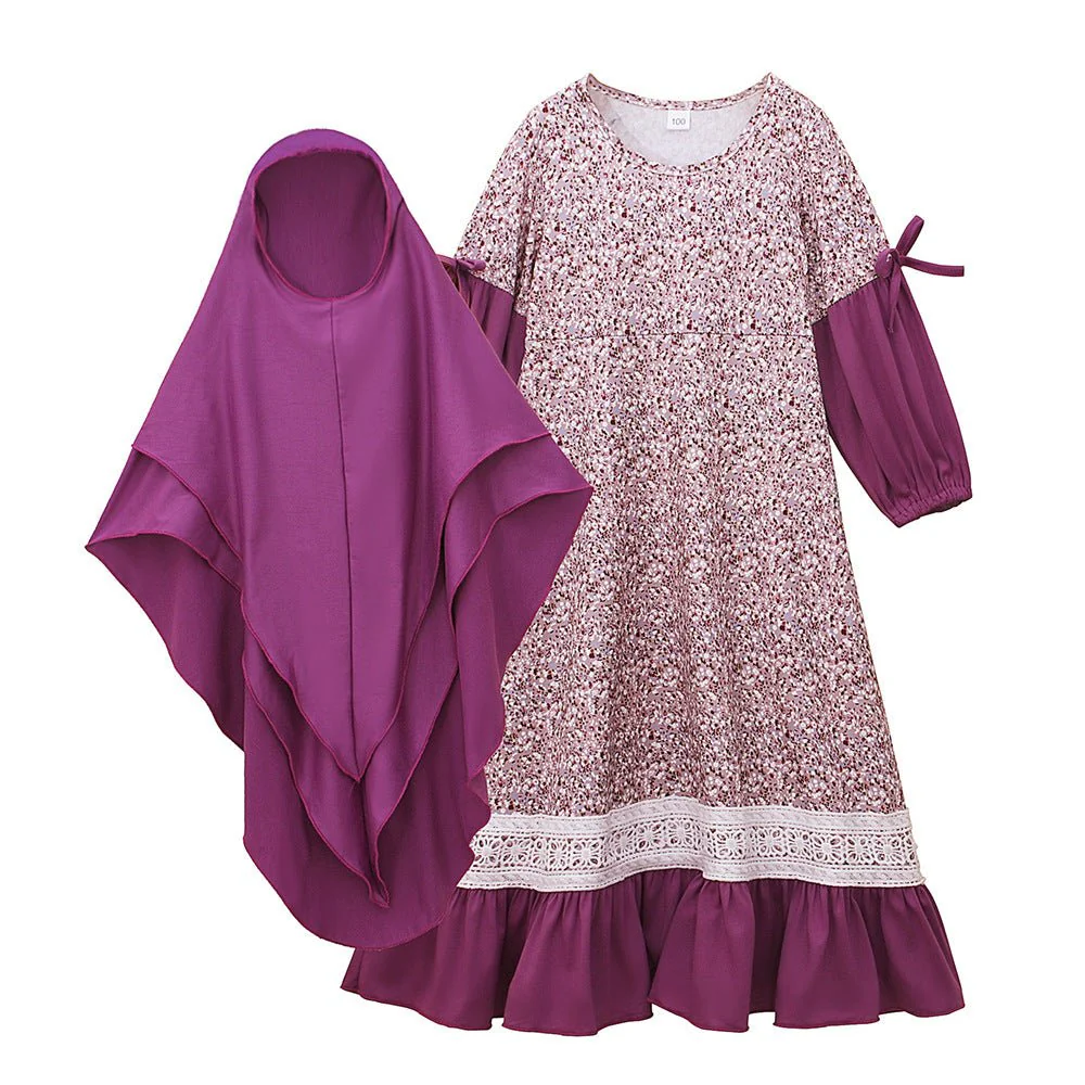 Girls Patchwork Floral Kid Abaya 2-Piece Set(MKG012) - Image 7