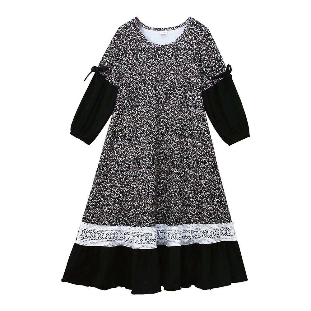 Girls Patchwork Floral Kid Abaya 2-Piece Set(MKG012) - Image 9
