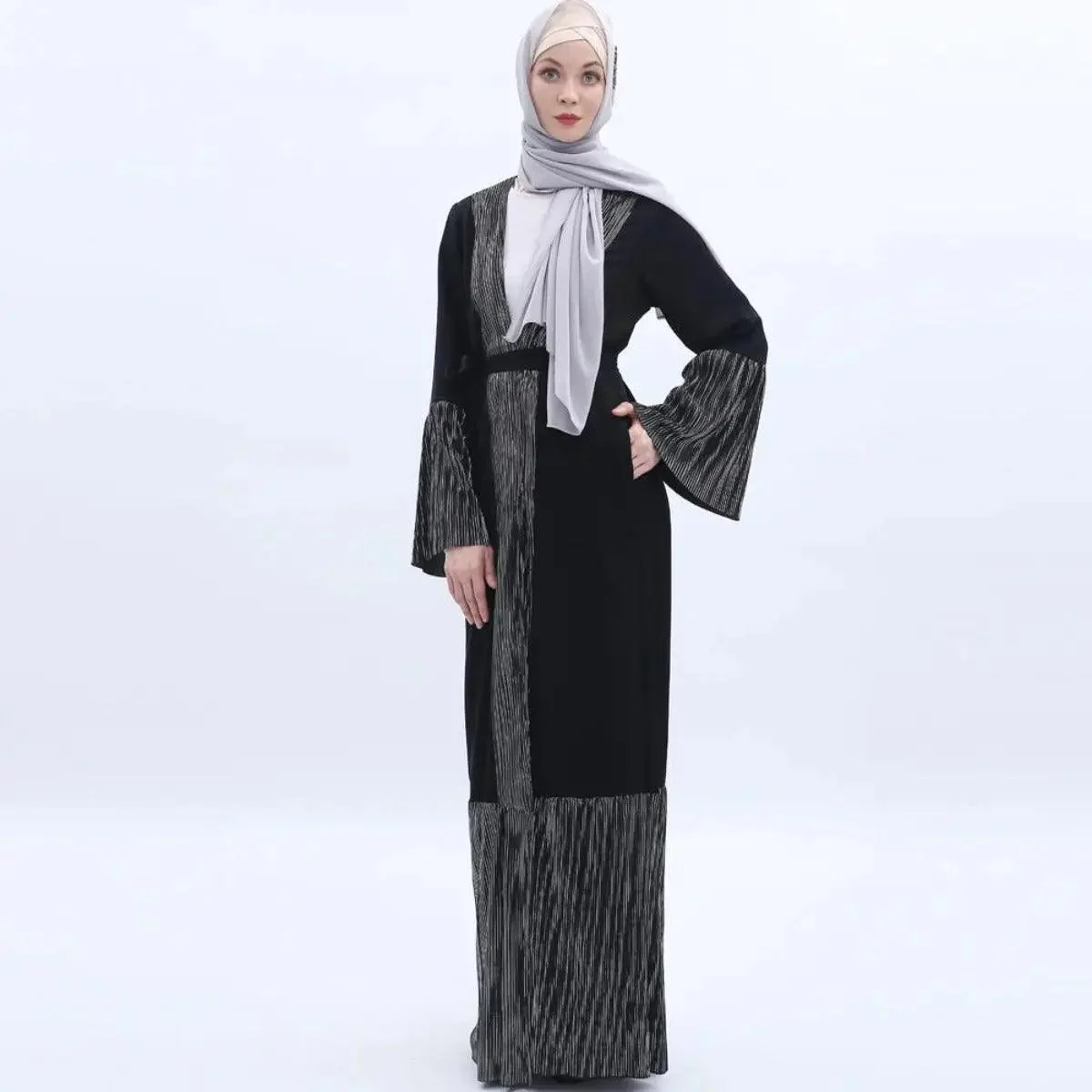 MO 001 Trumpet Sleeve Open Abaya With Pleated Design - Image 3