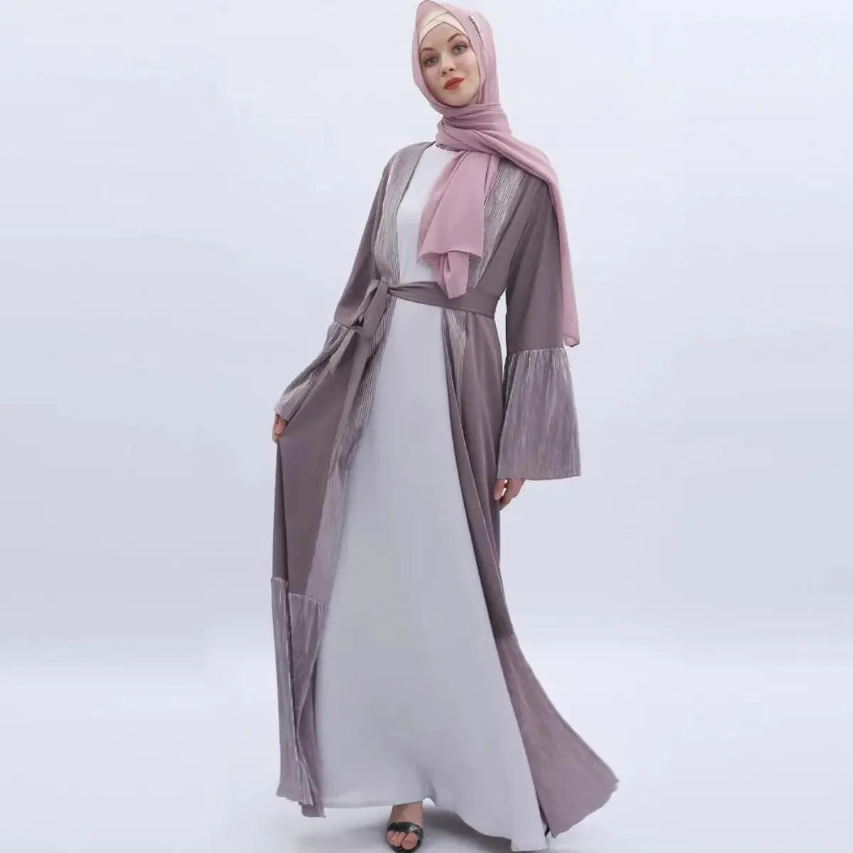 MO 001 Trumpet Sleeve Open Abaya With Pleated Design - Image 7