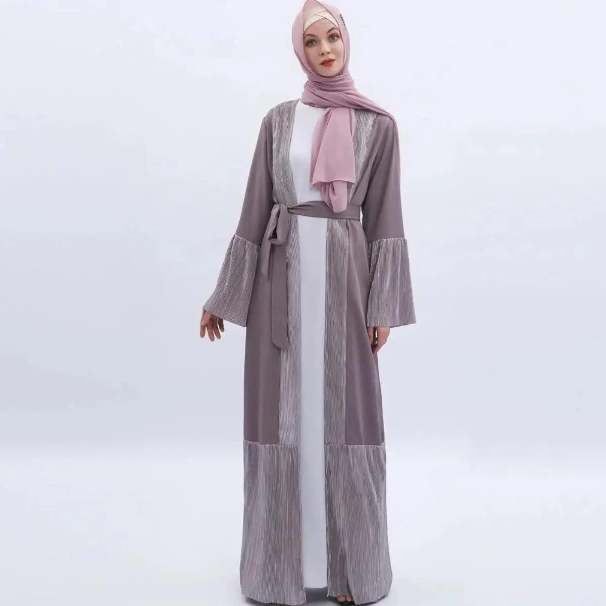 MO 001 Trumpet Sleeve Open Abaya With Pleated Design - Image 8