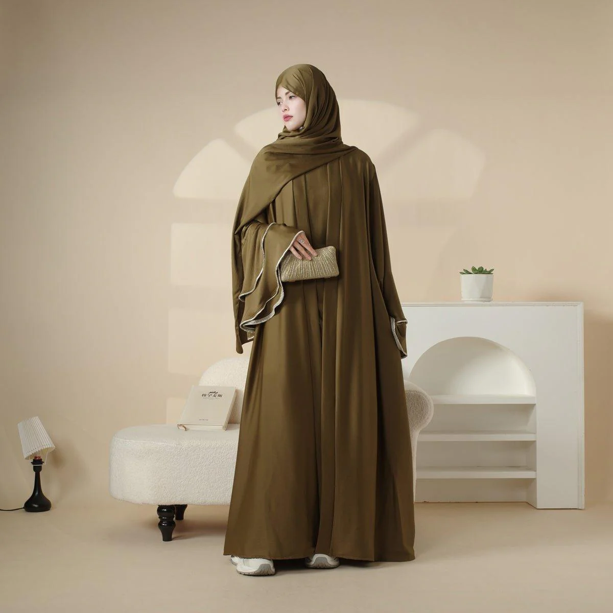 Crepe Satin Ruffle Sleeve Abaya, 5-Piece Set (MOA033) - Image 10