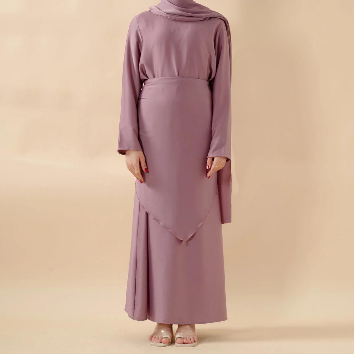 Crepe Satin Ruffle Sleeve Abaya, 5-Piece Set (MOA033) - Image 12
