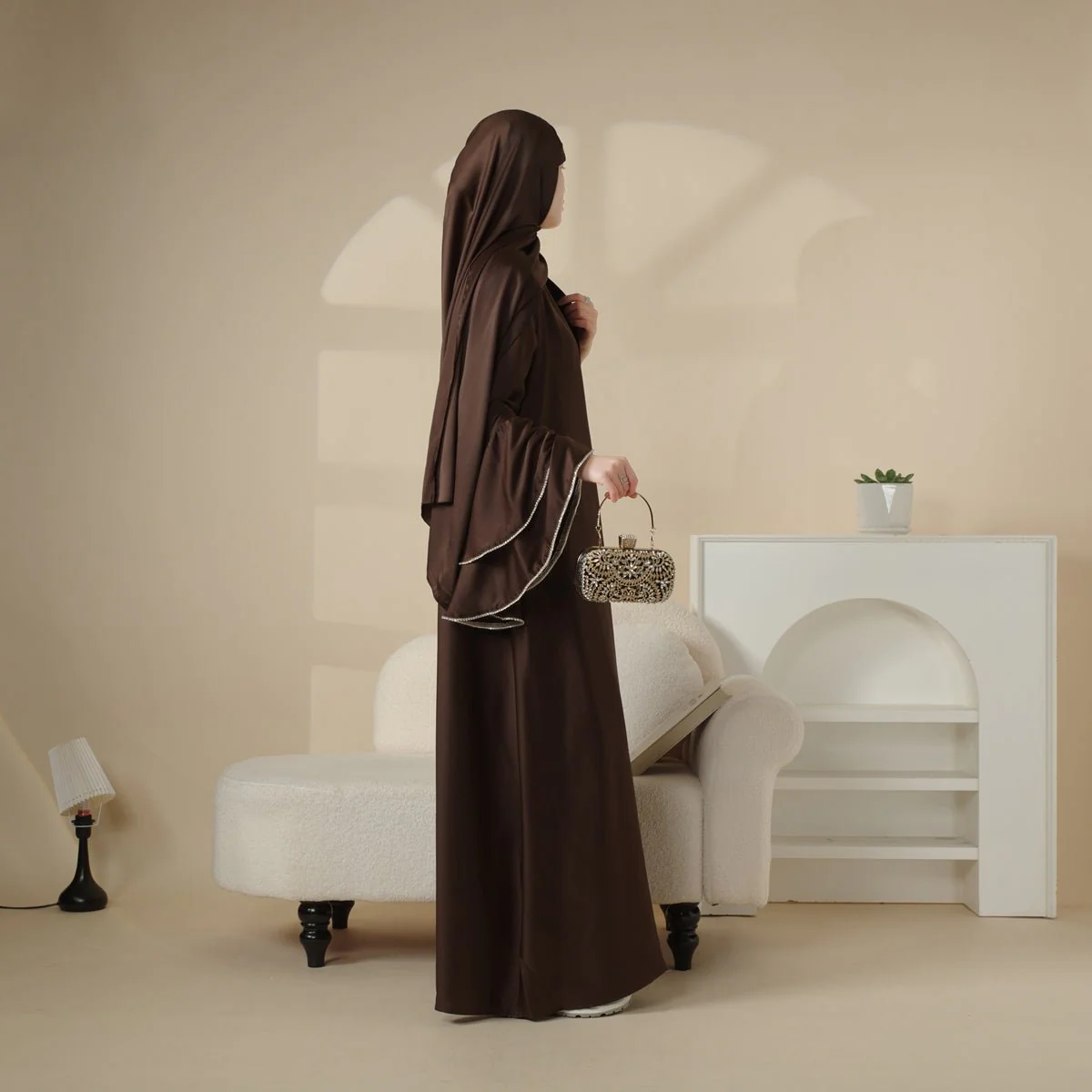 Crepe Satin Ruffle Sleeve Abaya, 5-Piece Set (MOA033) - Image 20