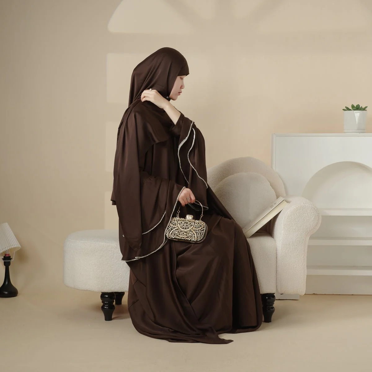 Crepe Satin Ruffle Sleeve Abaya, 5-Piece Set (MOA033) - Image 21