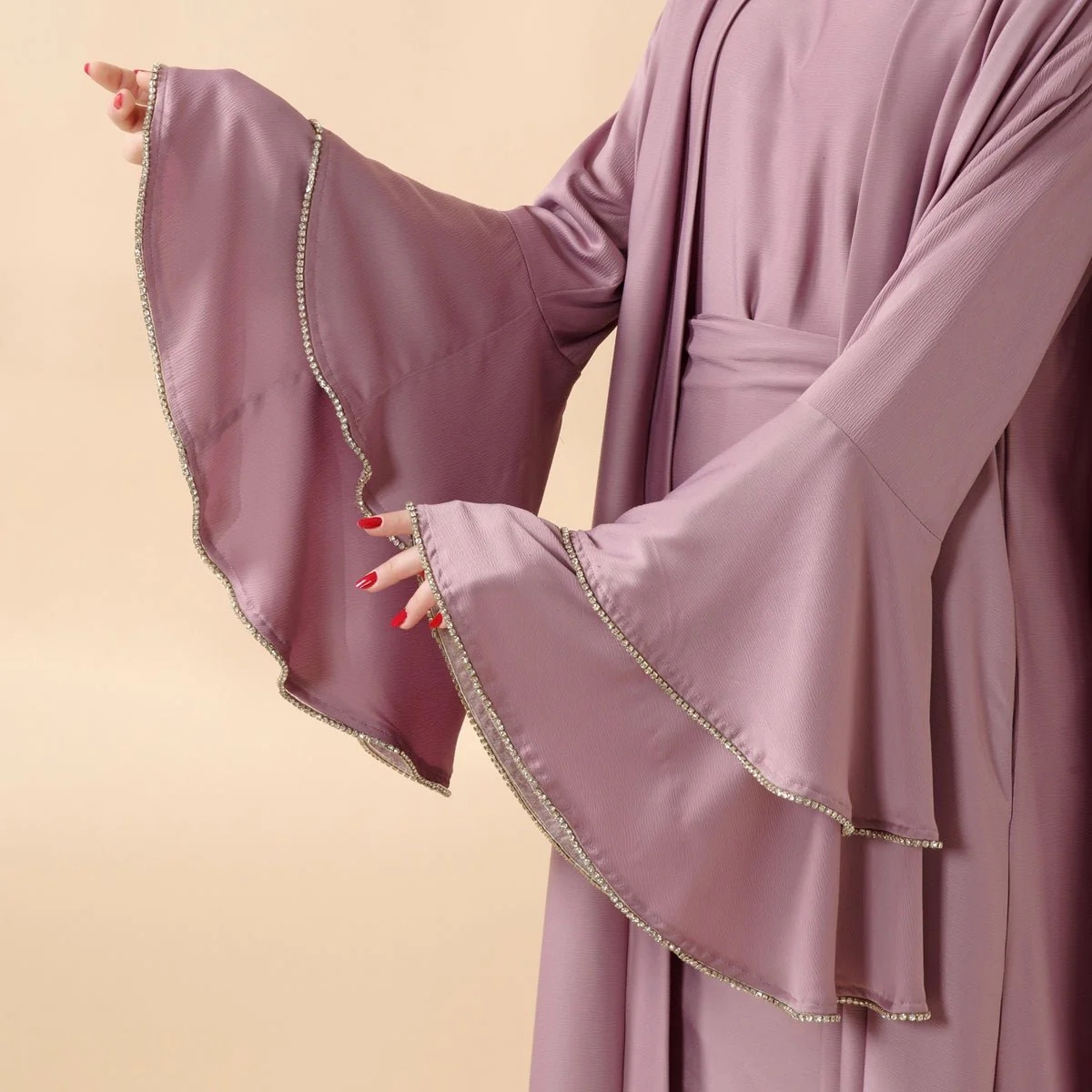Crepe Satin Ruffle Sleeve Abaya, 5-Piece Set (MOA033) - Image 4