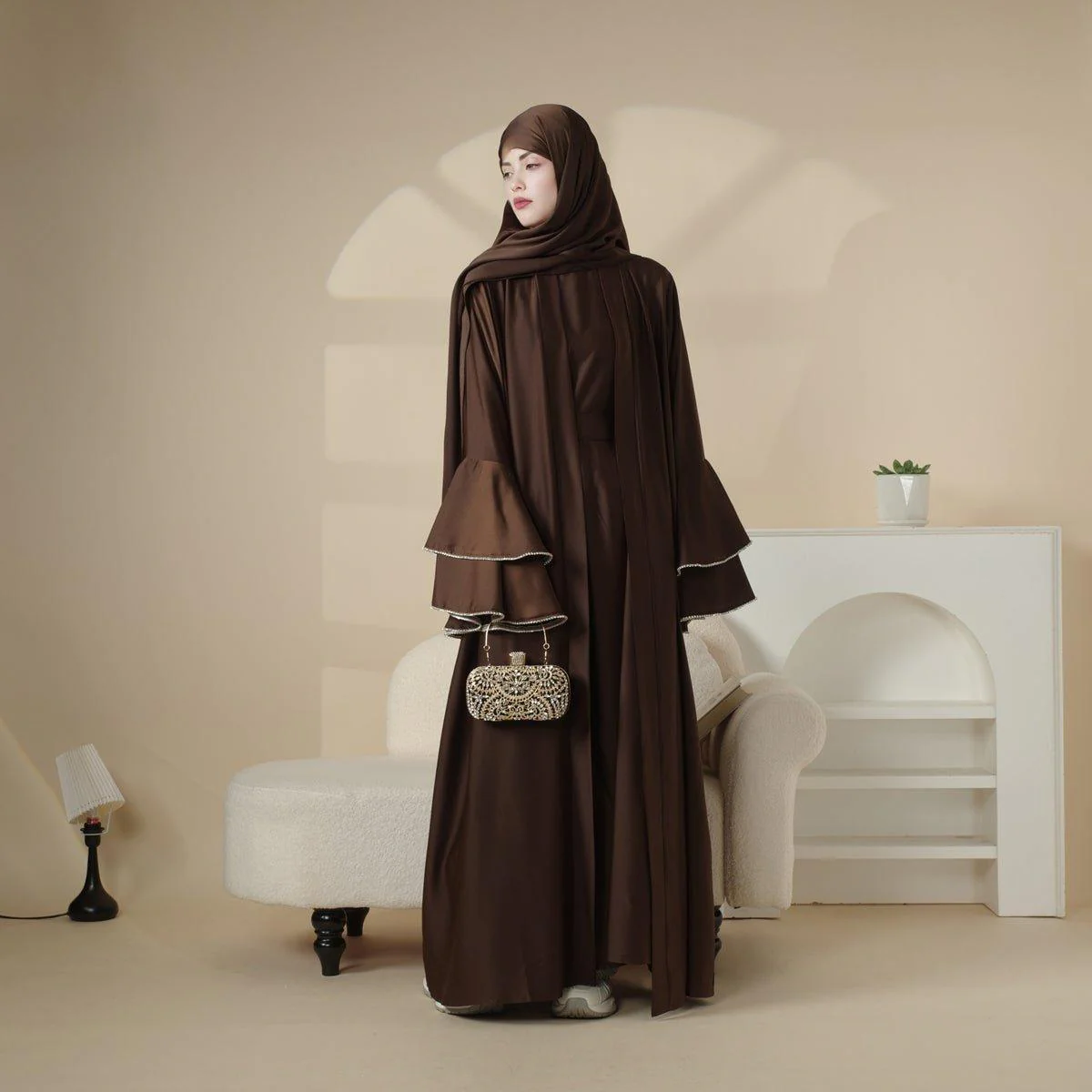 Crepe Satin Ruffle Sleeve Abaya, 5-Piece Set (MOA033) - Image 7