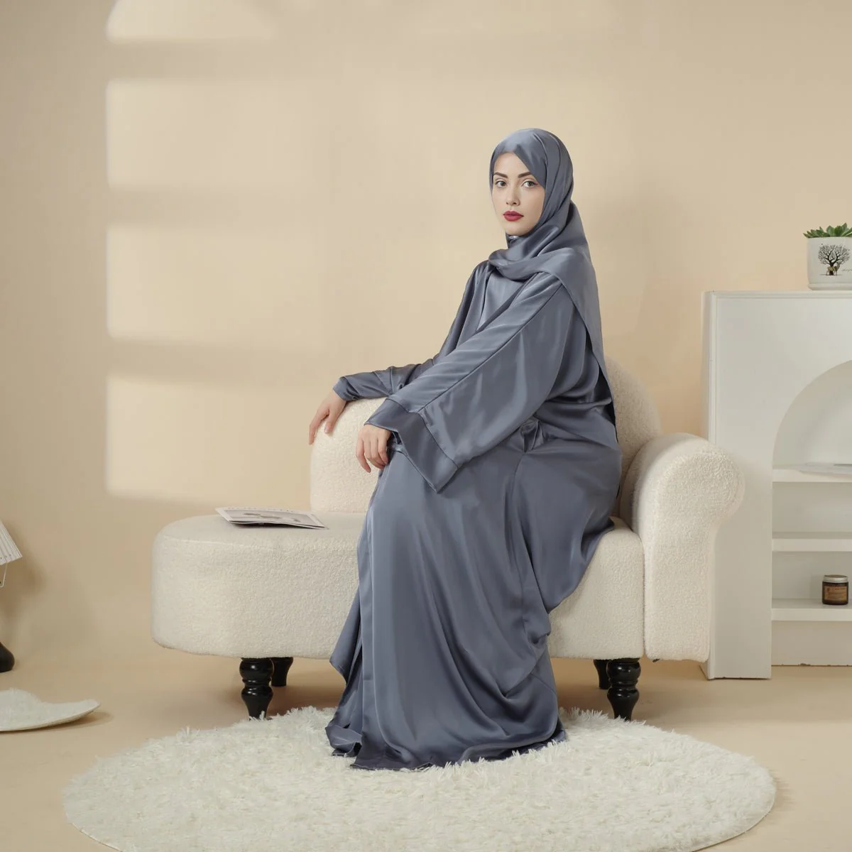 Luxury Satin Modest Abaya Set 4-Piece – Elegant Open Abaya, Top, Pants & Matching Hijab(MOA034) - Image 10