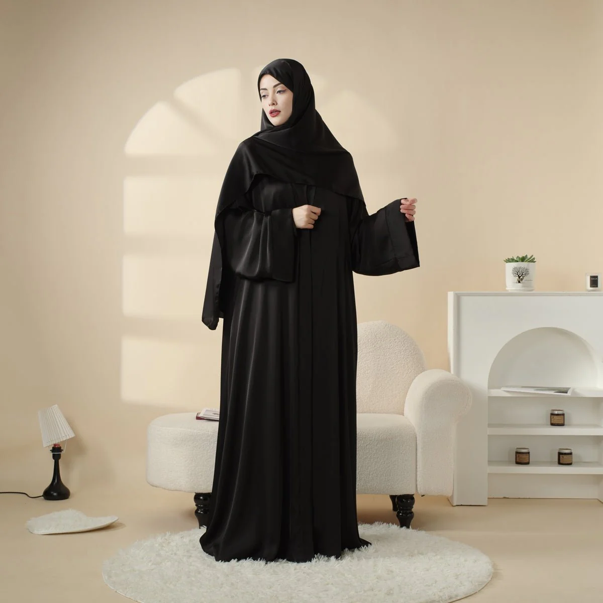Luxury Satin Modest Abaya Set 4-Piece – Elegant Open Abaya, Top, Pants & Matching Hijab(MOA034) - Image 13