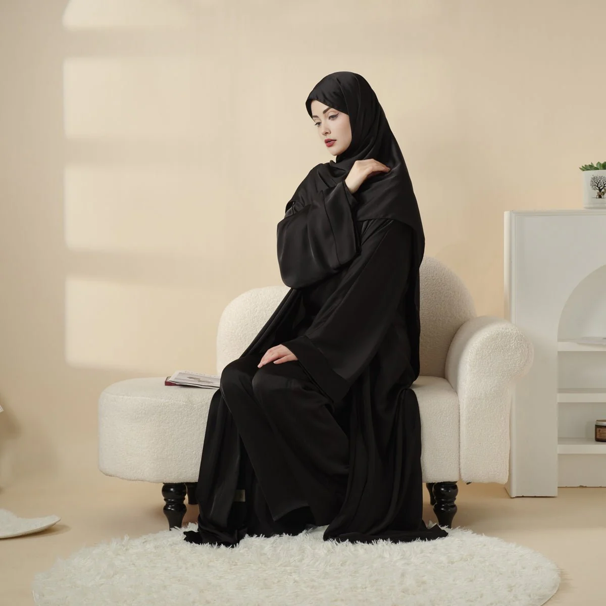 Luxury Satin Modest Abaya Set 4-Piece – Elegant Open Abaya, Top, Pants & Matching Hijab(MOA034) - Image 14