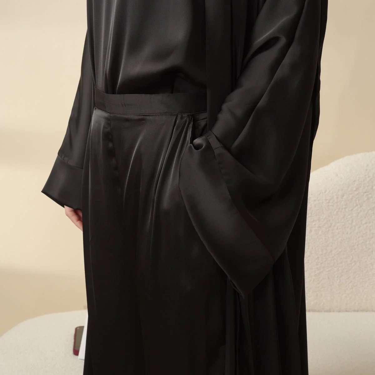 Luxury Satin Modest Abaya Set 4-Piece – Elegant Open Abaya, Top, Pants & Matching Hijab(MOA034) - Image 15